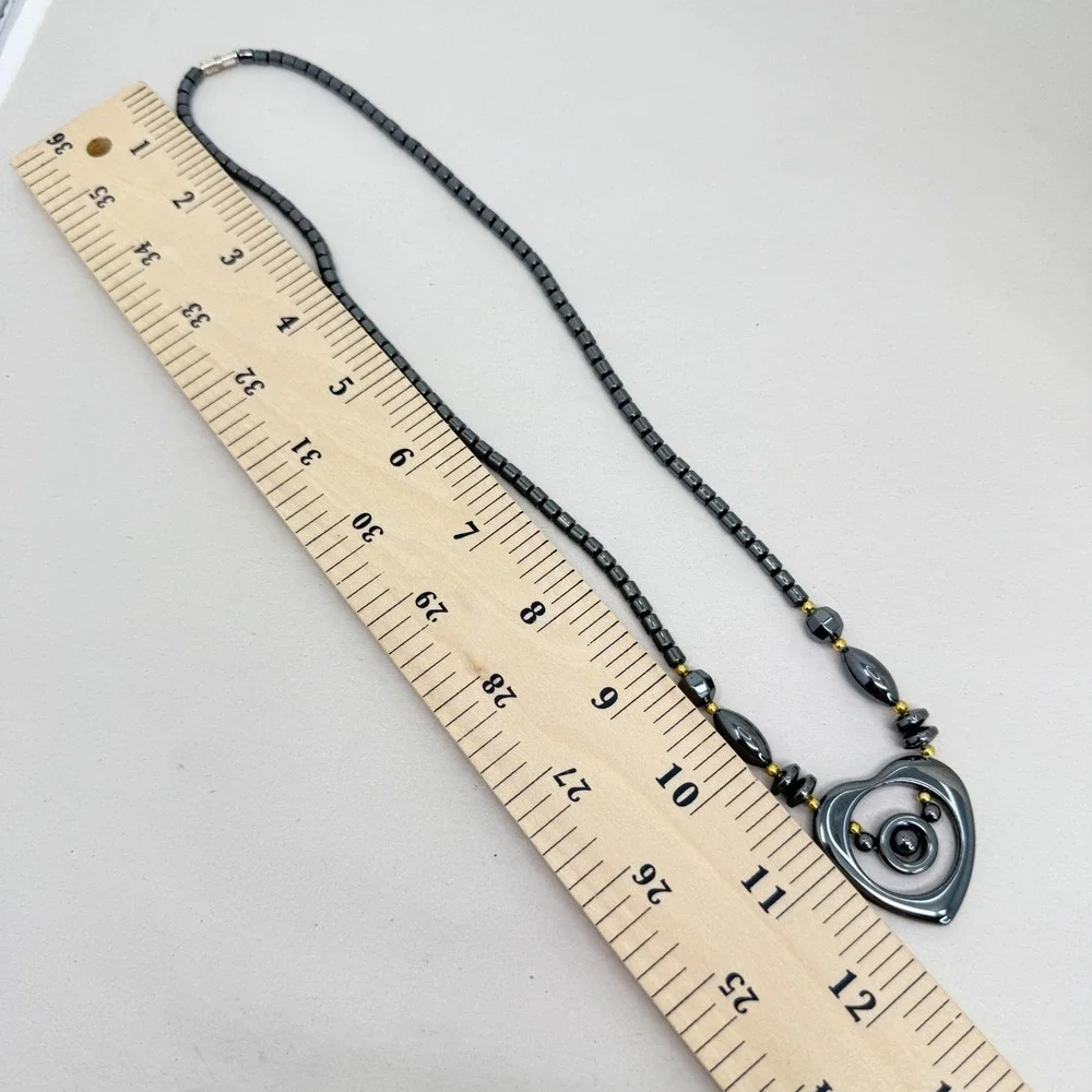 Lot of 2 Hematite Beaded Necklaces Faux Turquoise Donut Heart Magnetic‎ Clasp